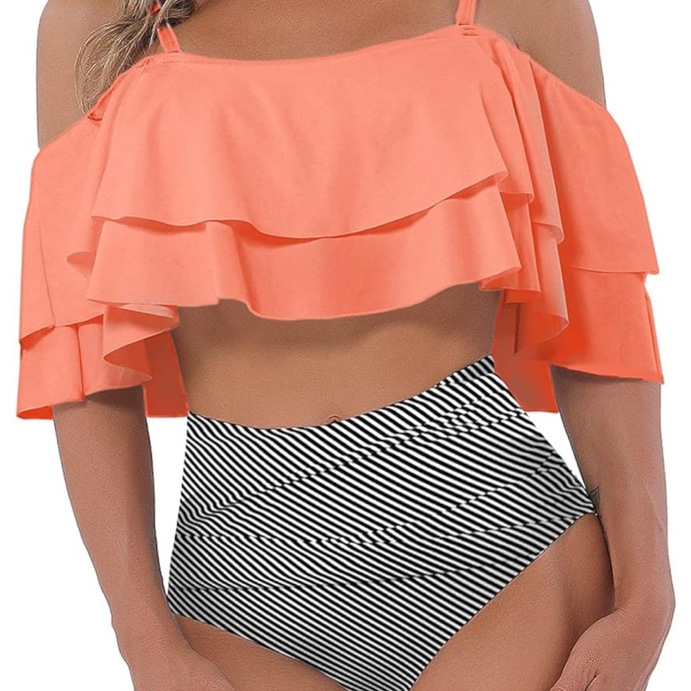Pink Ruffle Bikini Top and Striped Bottom